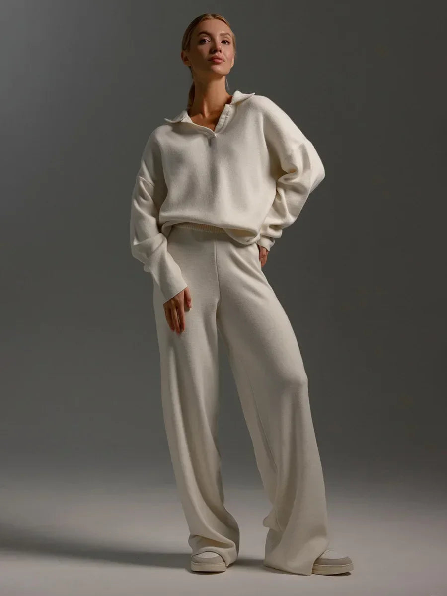 Two-Pieces Set -  Polo Neck Sweater & Wide Leg Pants Knitted Outfit