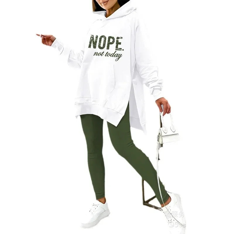 Two-Piece Set: Hooded Sweatshirt with Pocket Slit Sweater Top and Skinny Pencil Pants