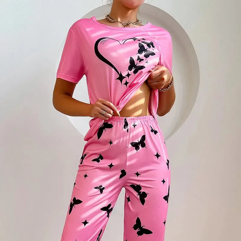 Pajamas Sets - Short Sleeve Tops With Pants Set Butterfly Printing