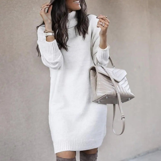 Women's Turtleneck Knitted Sweater Dress – Loose Fit Knee-Length Winter Pullover