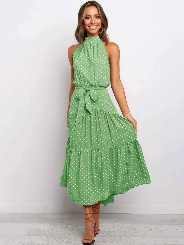 Summer Long Dress Polka Dot Casual Dresses Sexy Halter Strapless New 2024 Yellow Sundress Vacation Clothes For Women - Mammalook