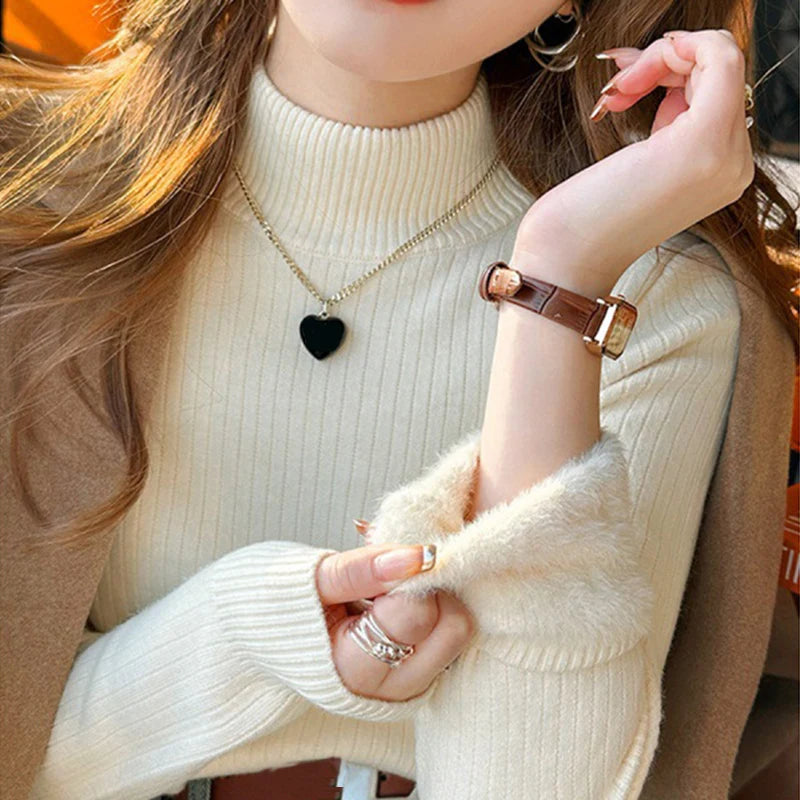 Women's Turtleneck Sweater Winter Retro Red With Velvet Lining Thickened Wear Knitting Thermal Bottoming Shirt - Mammalook