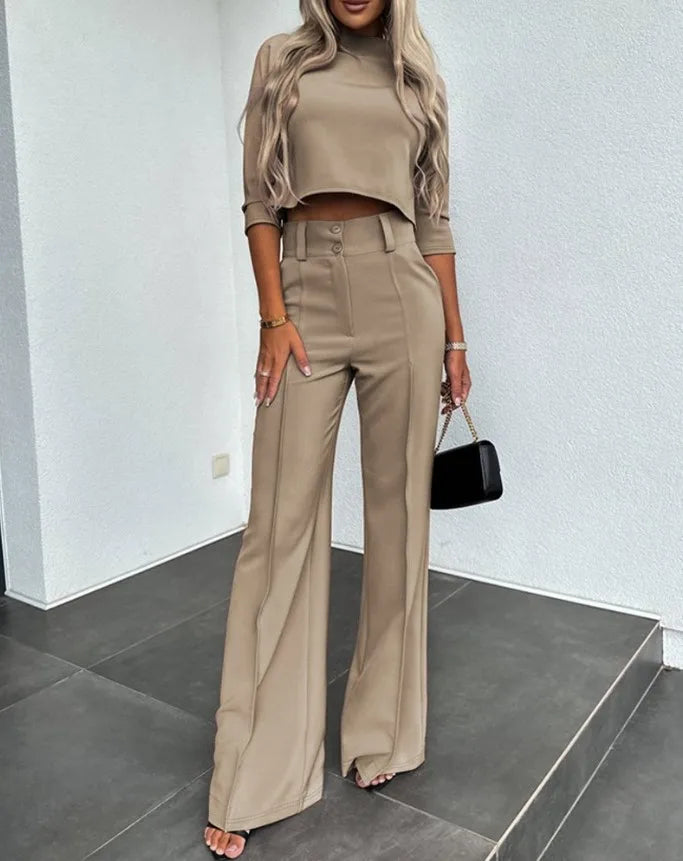 Small High Neck Fit Women's Set Solid Pocket Micro Horn Pants Set for office lady Outfits - Mammalook