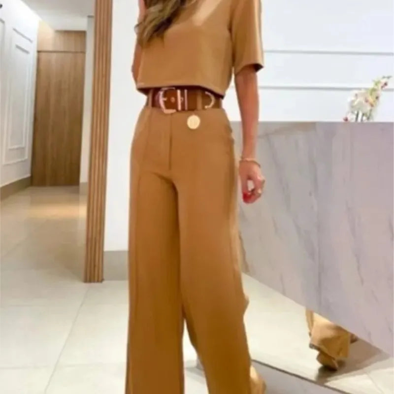 Two-Piece Set: Short Sleeve Top with Wide-Leg Long Pants