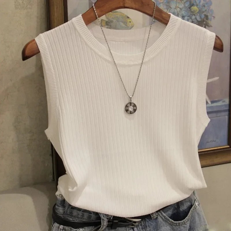 Knitted Vests Women Top O-neck Solid Tank Blusas Mujer De Moda Spring Summer New Fashion Female Sleeveless Casual Thin Tops 4588 - Mammalook