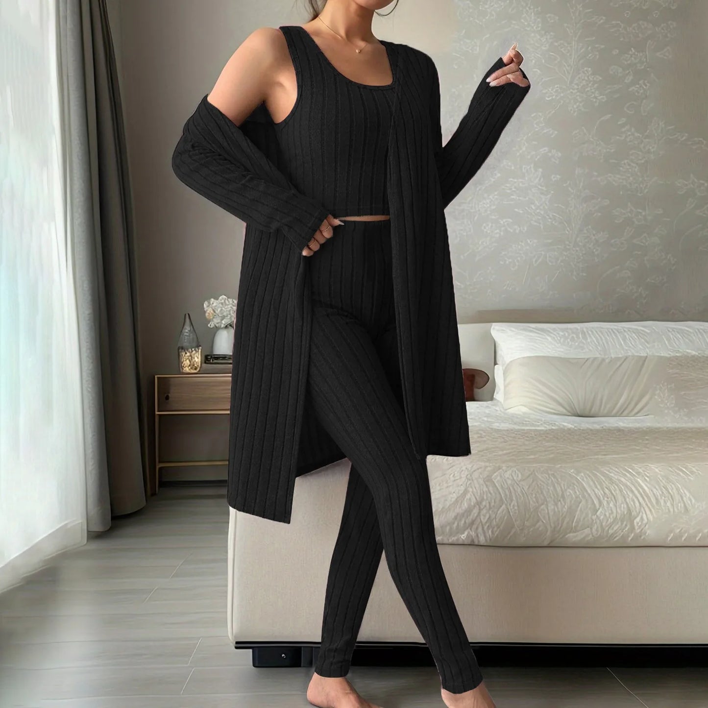 3-Piece Ribbed Knit Pajama Set