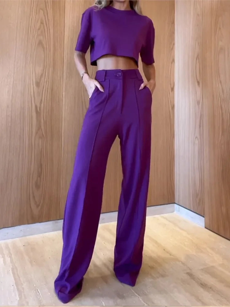 Two-Piece Set: O-Neck Cropped Top and High-Waist Straight Trousers
