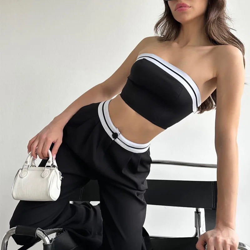 Two-Piece Solid Color Sleeveless Vest - Bra, Buttoned Pants Set