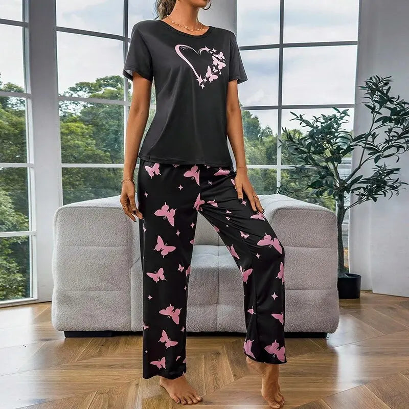Pajamas Sets - Short Sleeve Tops With Pants Set Butterfly Printing