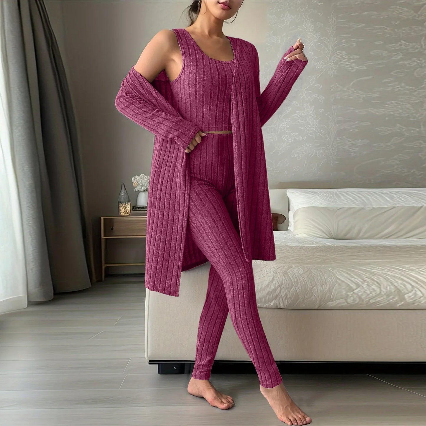 Three-Piece set - Solid Cardigan, Pant and Vest