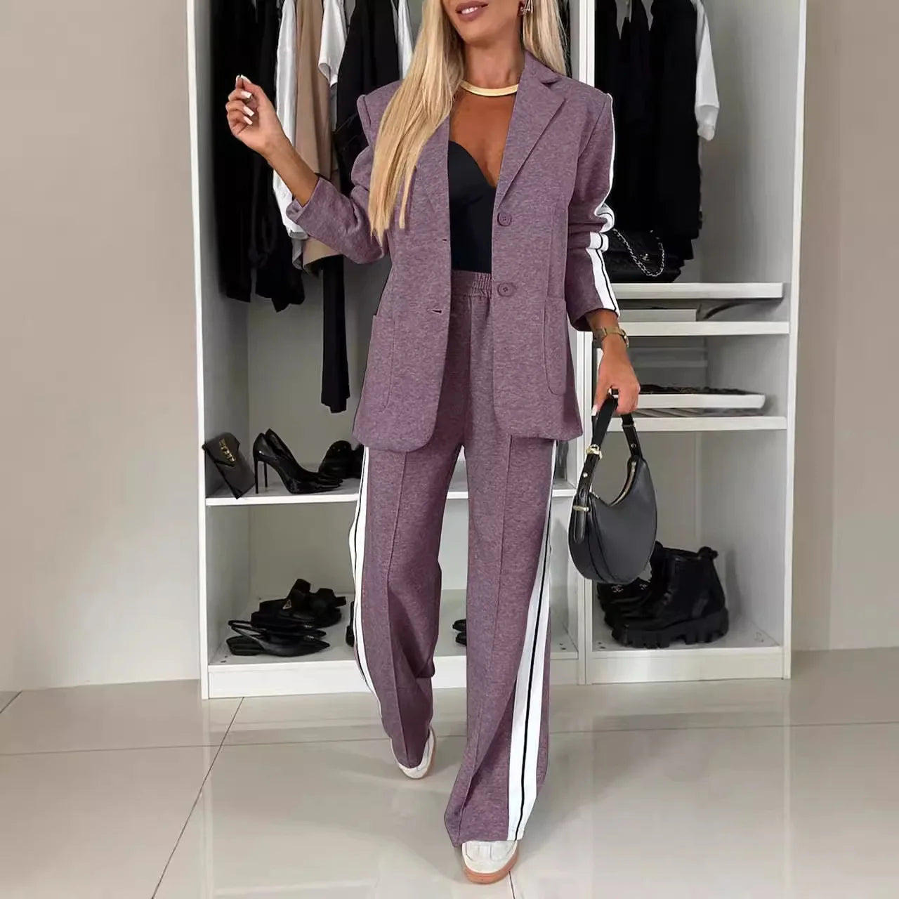 Two-Piece Set - V-neck Long Sleeve Blazer, Straight Leg Pant Sports