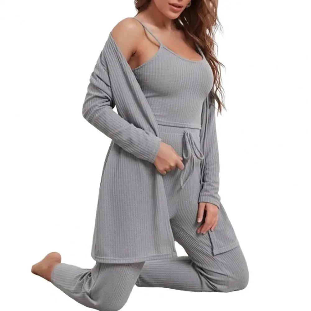 3-Piece Set - Sleeveless Tank Crop Top With Leg Waist Pants + Long Sleeve Cardigan Coat