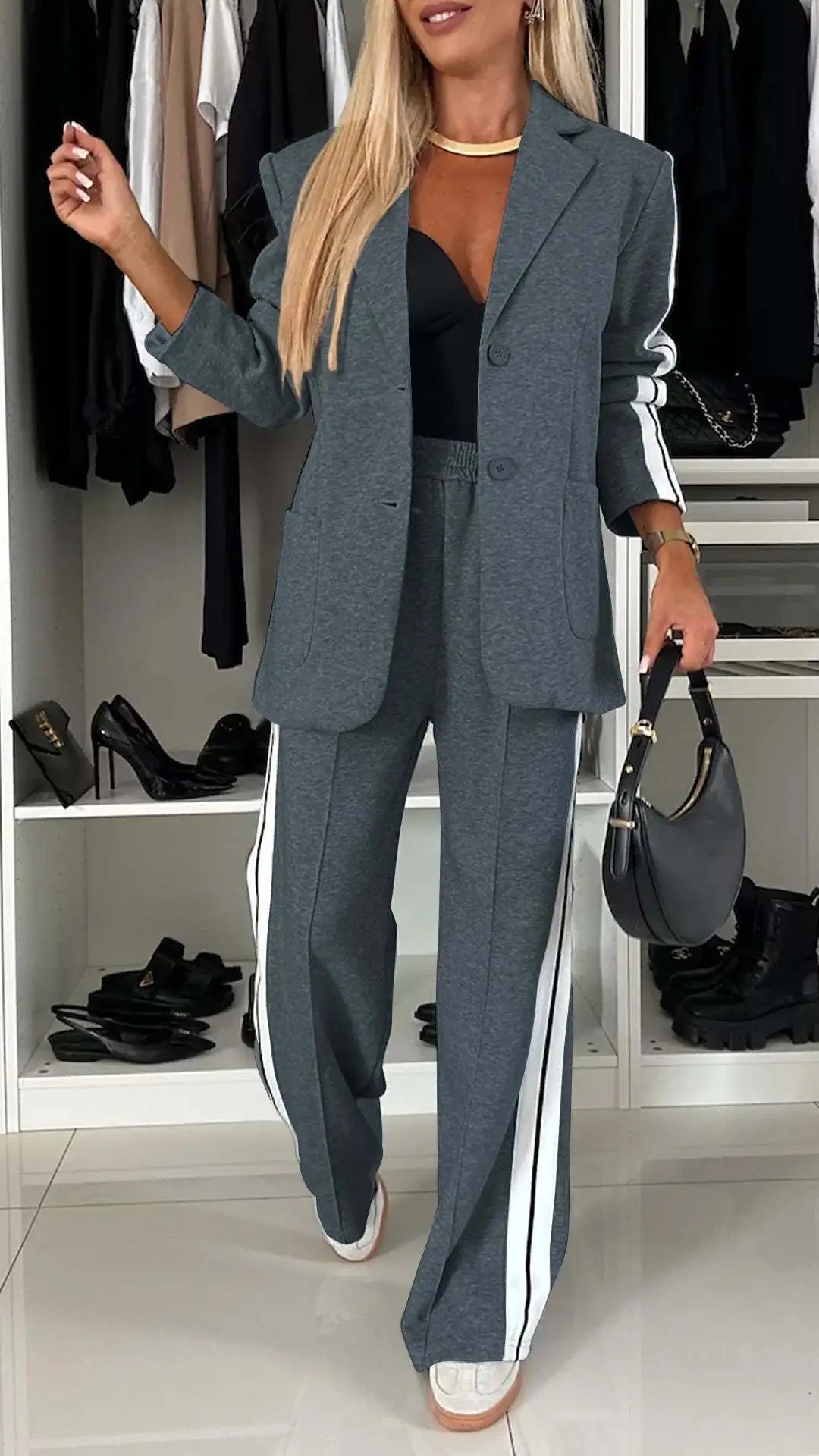 Two-Piece Set - V-neck Long Sleeve Blazer, Straight Leg Pant Sports