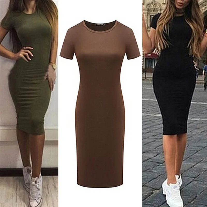 Summer Dresses Women Knee-Length Skinny Office Dress Short Sleeve Bandage Bodycon Beach Dress Vestidos Robes 3 Colors S-XL - Mammalook