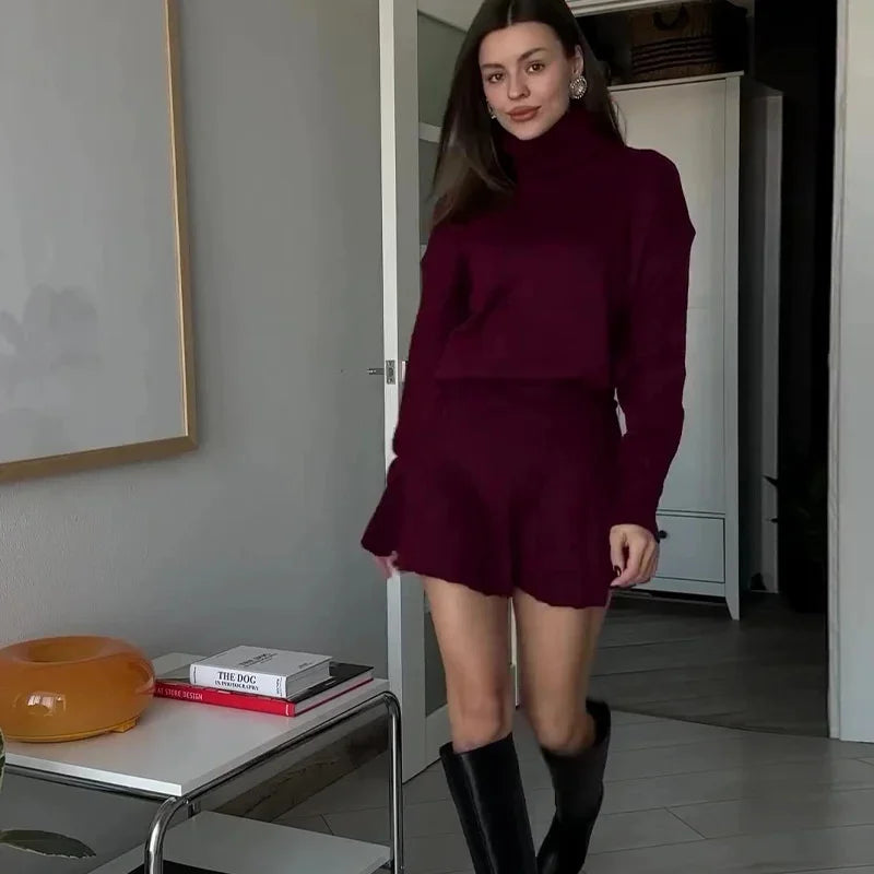 Turtleneck Knit Pullover Set: Women’s Long-Sleeve Sweater with Pleated Mini Skirt