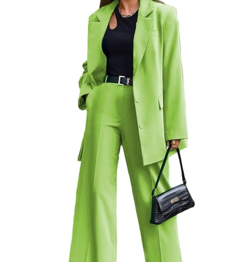 Solid Turn-Down Collar Coat & Wide Leg Trousers