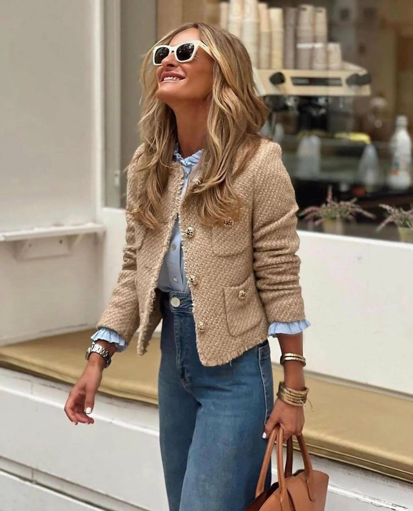 Women’s Chic Tweed Jacket – Long Sleeve Wool-Blend Buttoned Coat