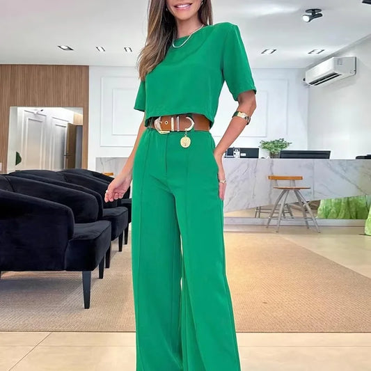 2-Piece Set: Wide-Leg Pants and Short-Sleeve Blouse