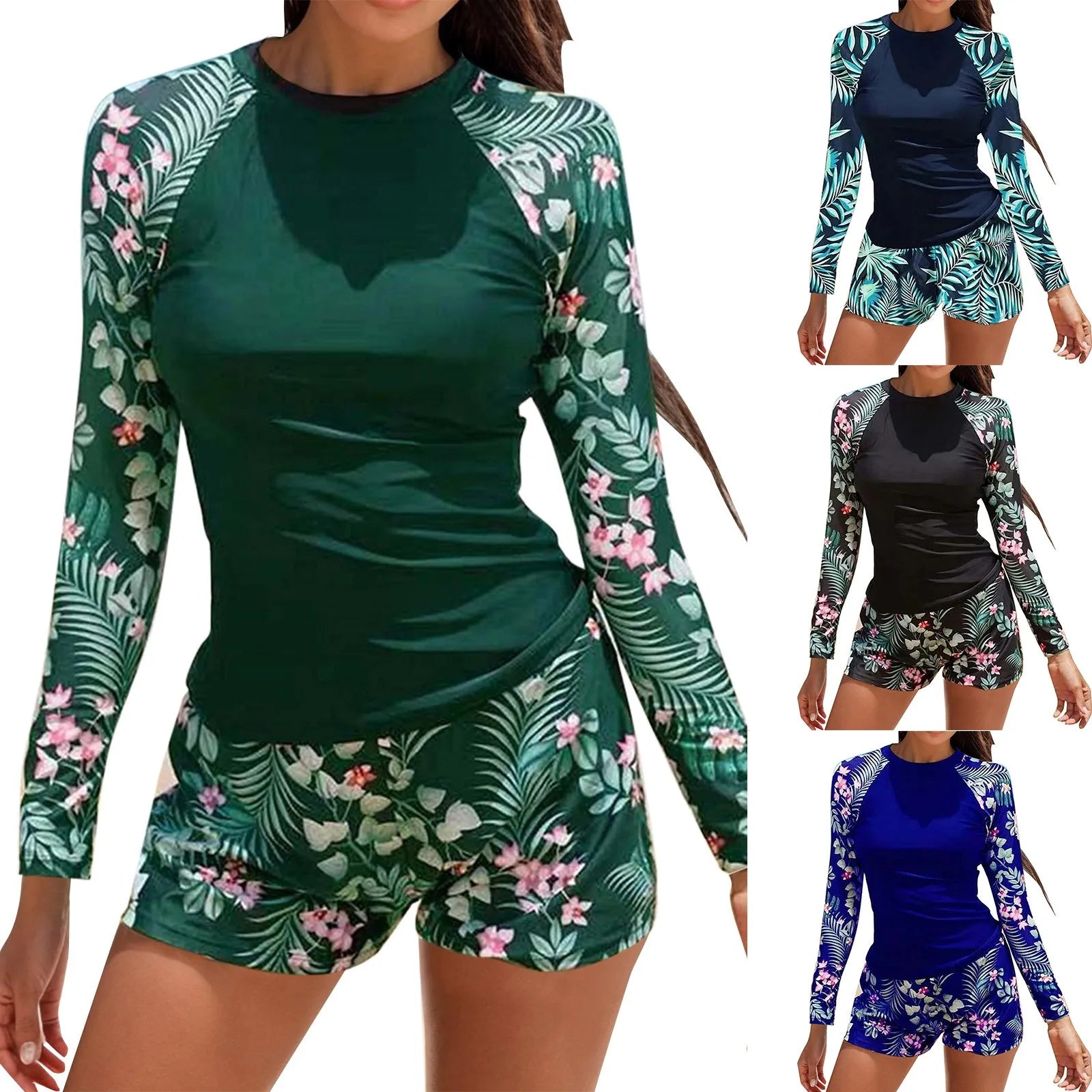 Long Sleeve Sunscreen Bikini Women's Crew Neck Conservative Swimsuit Female Split Surfing Print Swimwear Flat Angle Bottoms - Mammalook