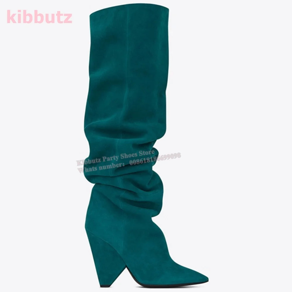 Over The Knee Boots Genuine Leather Pleated Solid Color Brown Pointed Toe Kitten Heel Fashion Sexy Elegant Women Shoes Newest - Mammalook