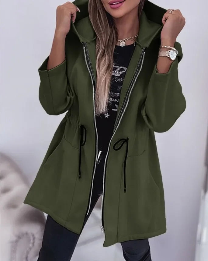 Hooded Zipper Coat - Long Section Pockets