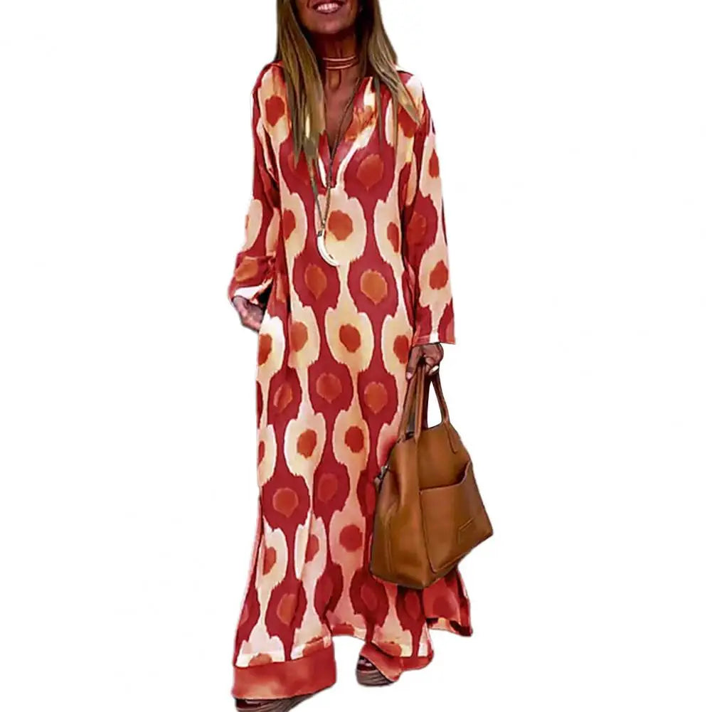 Women Maxi Dress Printing V-neck Beach Dress Hem Slit Contrast Color Maxi Dress Long Sleeves Lady Summer Dress Female Clothes - Mammalook