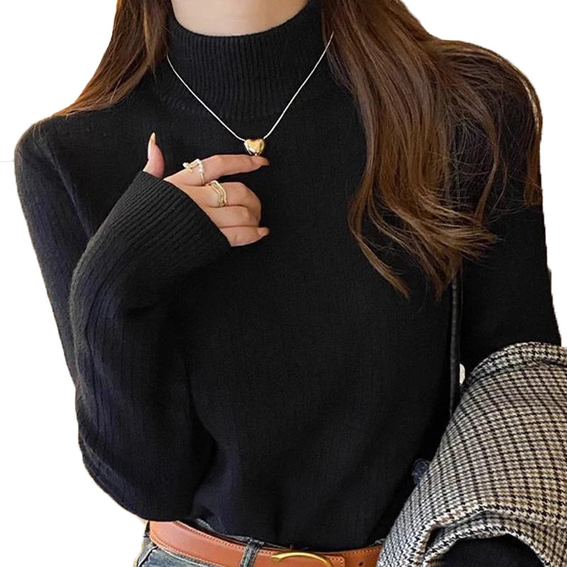 Women's Turtleneck Sweater Winter Retro Red With Velvet Lining Thickened Wear Knitting Thermal Bottoming Shirt - Mammalook
