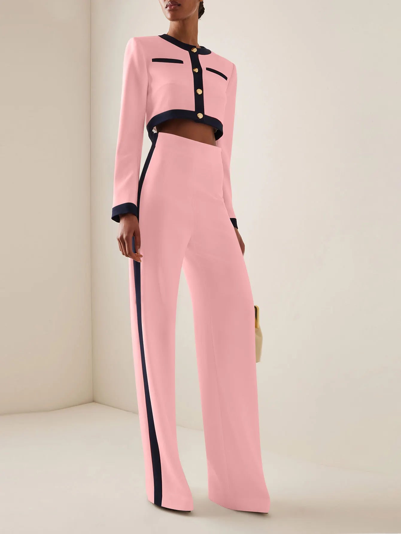 Two-Piece Set: Round Neck Long Sleeve Button-Up Top with Loose Wide-Leg Pants