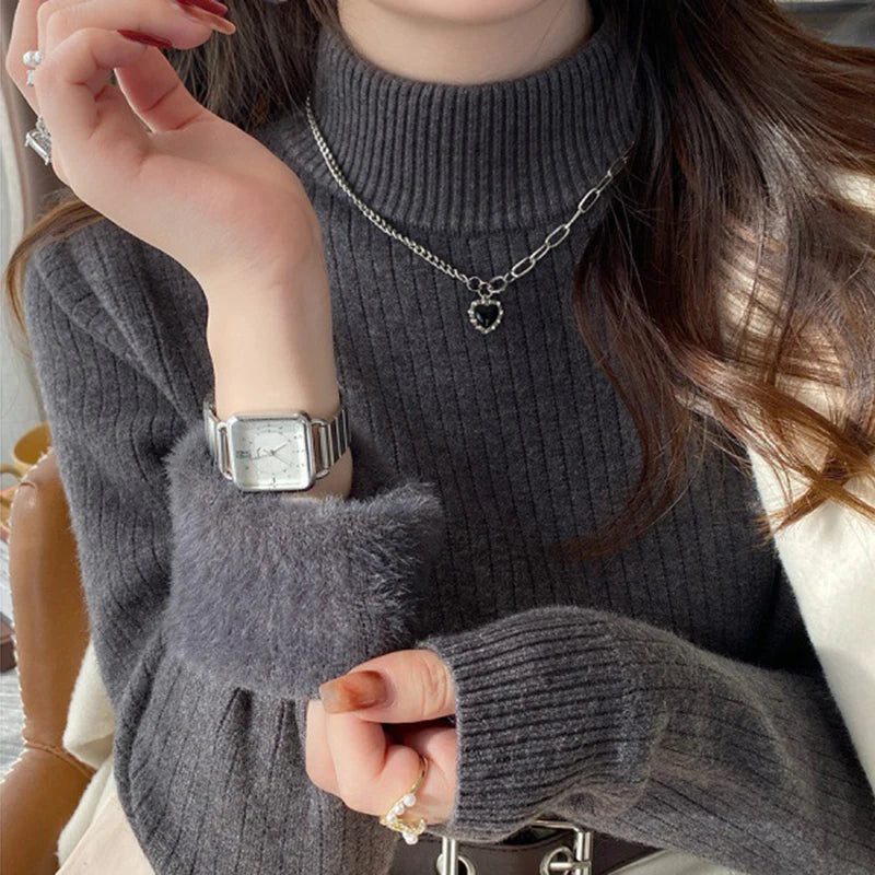Women's Turtleneck Sweater Winter Retro Red With Velvet Lining Thickened Wear Knitting Thermal Bottoming Shirt - Mammalook
