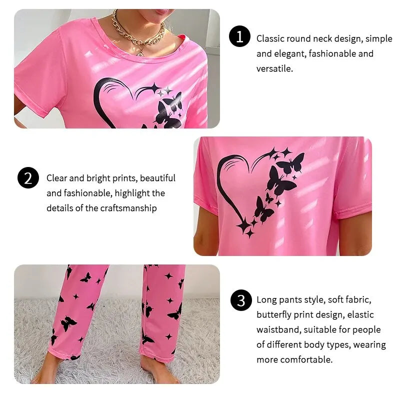 Pajamas Sets - Short Sleeve Tops With Pants Set Butterfly Printing
