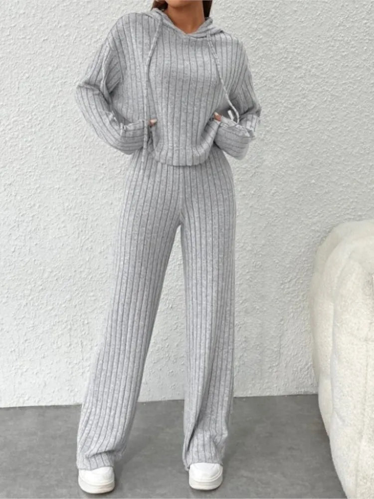 Two-piece Set - Casual Knitted Striped Hooded Sweatshirt Loose Long Sleeved, Long Pants