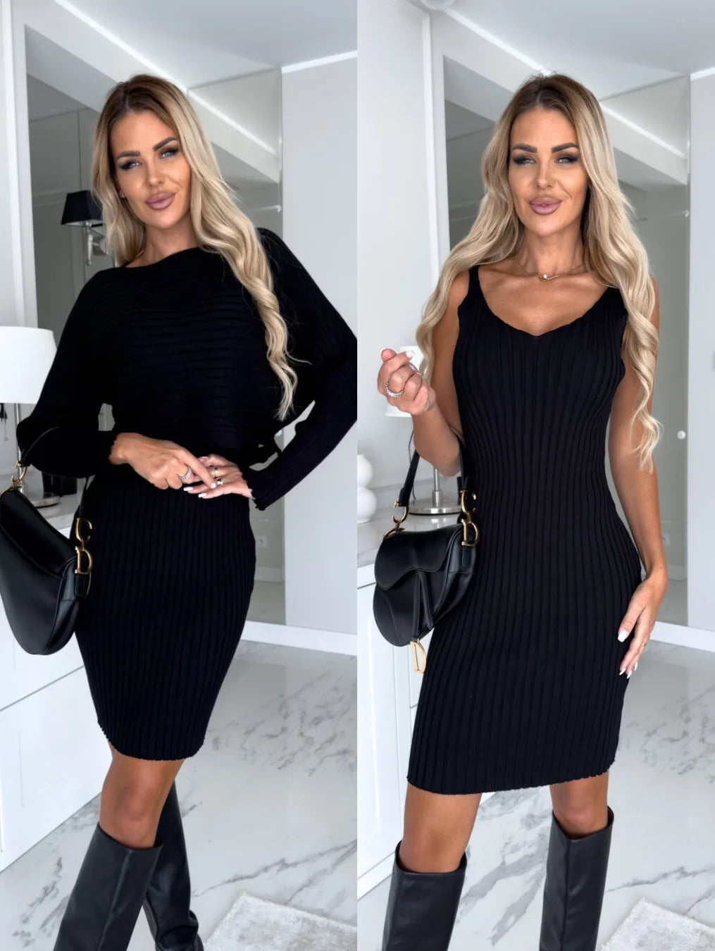 Women’s Autumn Winter 2-Piece Set – Elegant Long Sleeve Pullover & Dress
