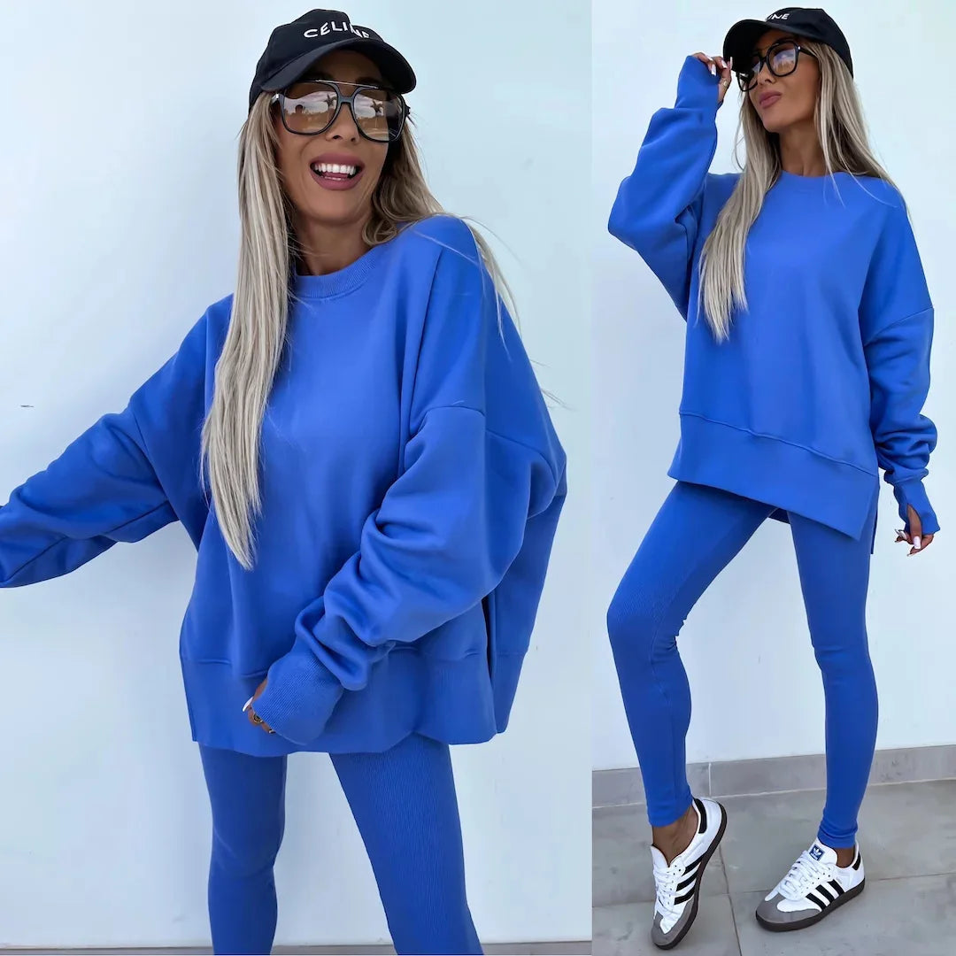 Two-Piece Tracksuit: Solid Loose Sweatshirt with Split Pullover and Pencil Pants