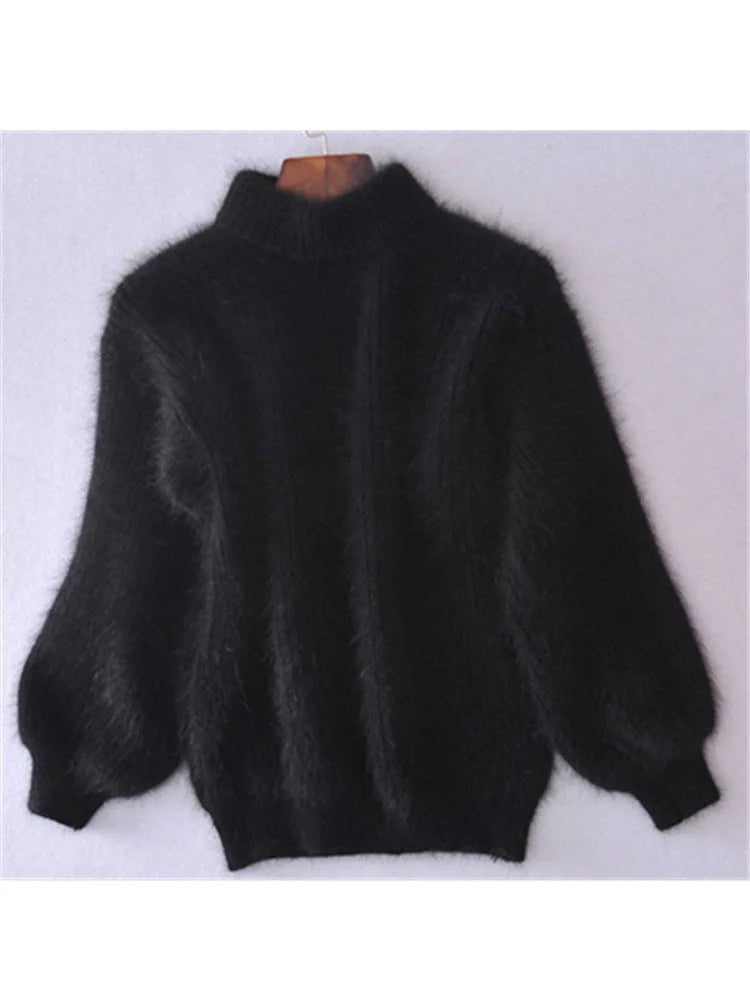 White Mohair Thicken Turtleneck Sweater Autumn Winter Sweet Fashion Lantern Sleeve Casual Solid Color Pullover pull femme - Mammalook