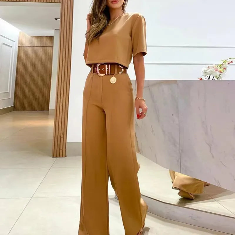 2-Piece Set: Wide-Leg Pants and Short-Sleeve Blouse