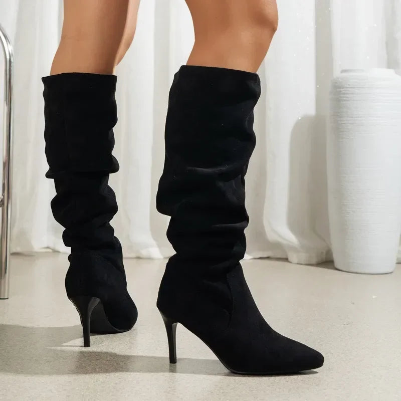 2024 Plus Size Shoes Ladies Knee-High Women's Boots Slip on Modern Boots Women Pleated Pointed Toe High Thin Heels Women's Shoes - Mammalook