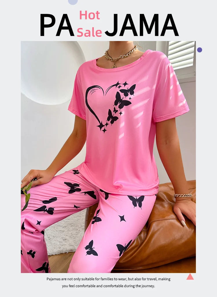 Pajamas Sets - Short Sleeve Tops With Pants Set Butterfly Printing
