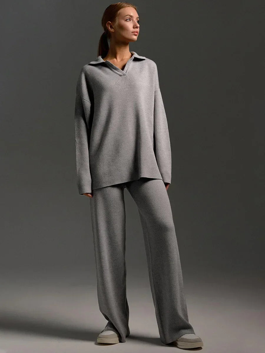 Two-Pieces Set -  Polo Neck Sweater & Wide Leg Pants Knitted Outfit