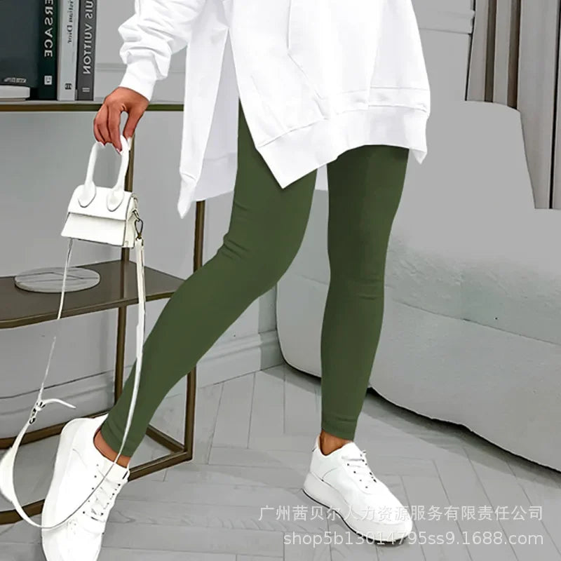 Two-Piece Set: Hooded Sweatshirt with Pocket Slit Sweater Top and Skinny Pencil Pants