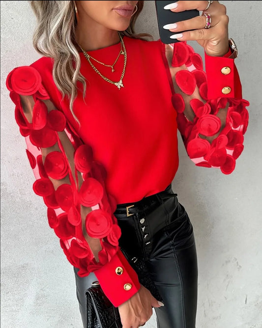 Fashion Women's Blouse Autumn Spring New Casual Simple O-Neck Red Lace Floral Sheer Mesh Patchwork Top Shirts For Women Pullover - Mammalook