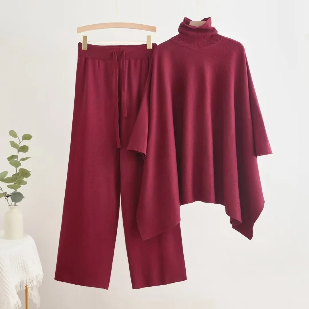 Elegant New Knitted 2 Piece Sets Women Turtleneck Long Sleeve Knitwears Sweater Conjuntos Casual High Waist Sweatpants Outfit - Mammalook