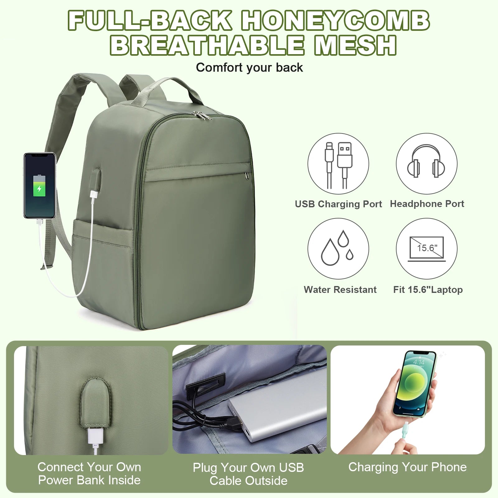 Cabin bag 45*36*20, lightweight large-capacity travel computer backpack, women's backpack, boarding backpack, gray green - Mammalook