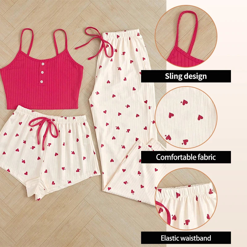 3-Piece Women’s Sleepwear Set – Ribbed Cami, Shorts & Trousers