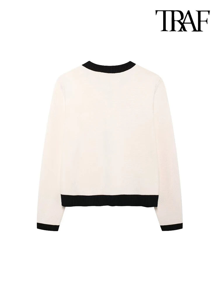 Knitted Cardigan with Golden Button, O-Neck Long-Sleeve