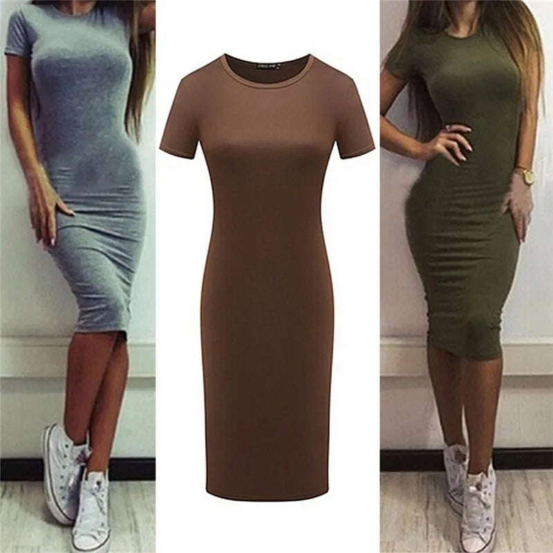 Summer Dresses Women Knee-Length Skinny Office Dress Short Sleeve Bandage Bodycon Beach Dress Vestidos Robes 3 Colors S-XL - Mammalook