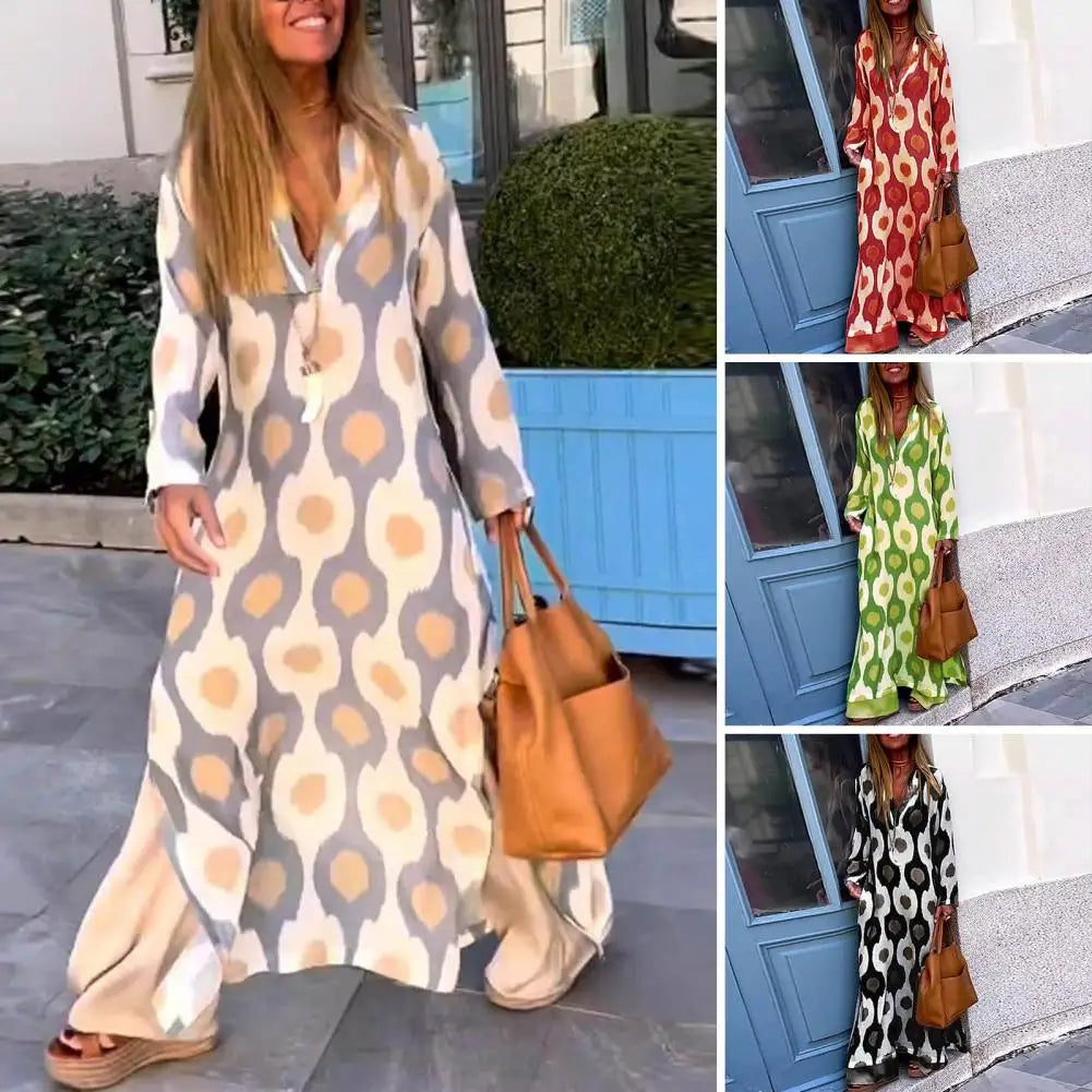 Women Maxi Dress Printing V-neck Beach Dress Hem Slit Contrast Color Maxi Dress Long Sleeves Lady Summer Dress Female Clothes - Mammalook