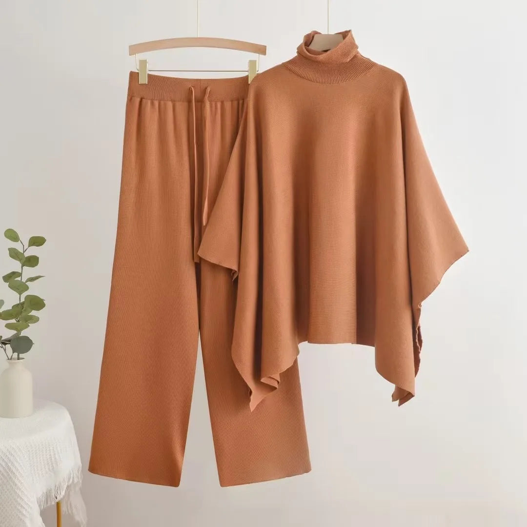 Elegant New Knitted 2 Piece Sets Women Turtleneck Long Sleeve Knitwears Sweater Conjuntos Casual High Waist Sweatpants Outfit - Mammalook