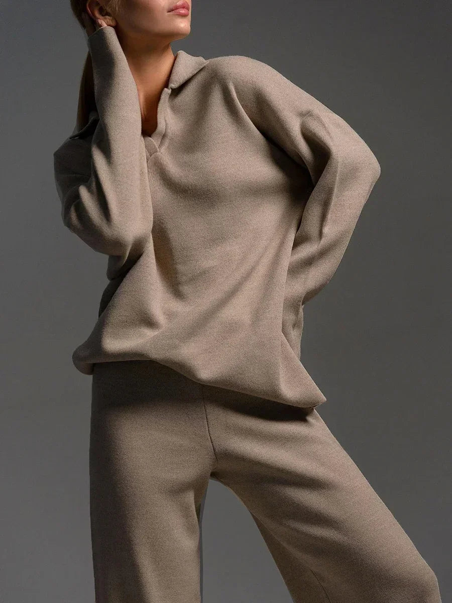 Two-Pieces Set -  Polo Neck Sweater & Wide Leg Pants Knitted Outfit