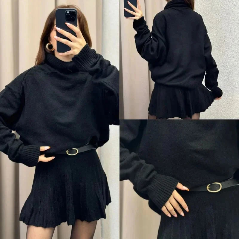 Turtleneck Knit Pullover Set: Women’s Long-Sleeve Sweater with Pleated Mini Skirt