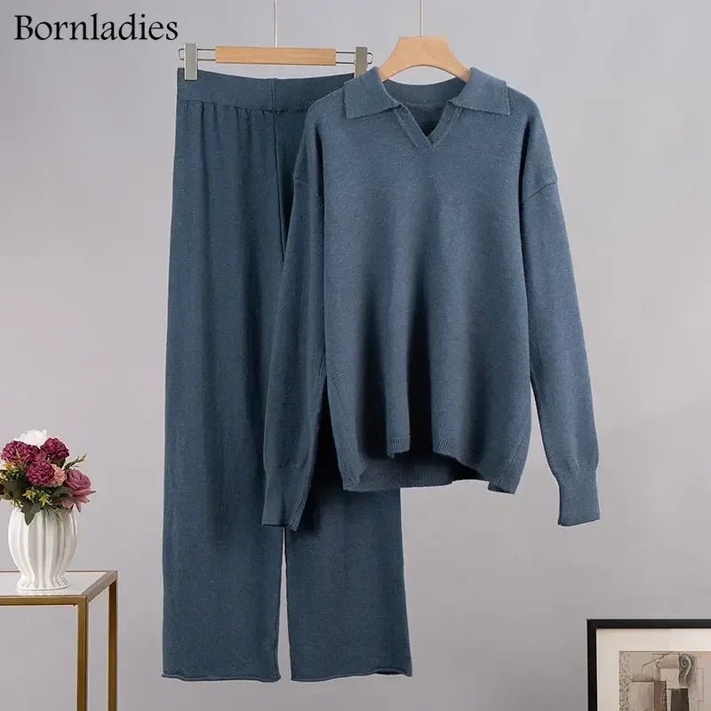 Two-Pieces Set -  Polo Neck Sweater & Wide Leg Pants Knitted Outfit